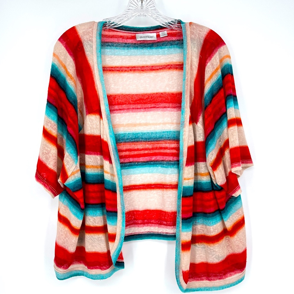 Avenue Plus Size Short Cardigan  Stripe Teal & Red Colorful Open Front SZ 26/28